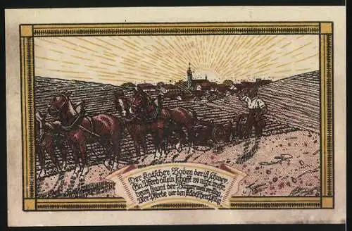 Notgeld Katscher 1921, 100 Pfennig, Einweihung am 12. Oktober 1921 mit Stadtwappen und landwirtschaftlicher Szene