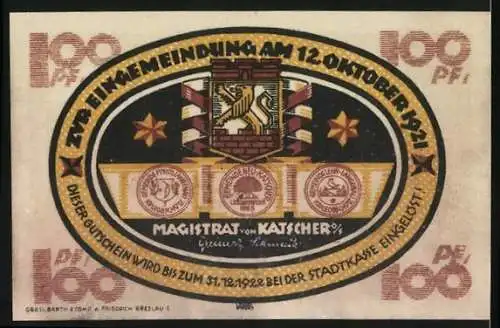 Notgeld Katscher 1920, 100 Pfennig, Pflügende Bauern mit Stadtansicht im Hintergrund, Stadtwappen