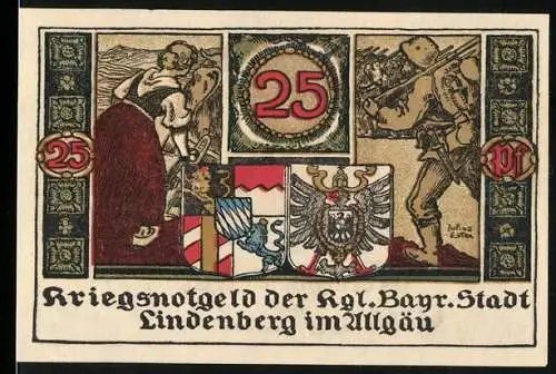 Notgeld Lindenberg im Allgäu 1918, 25 Pfennig, Kriegsnotgeld der Kgl. Bayr. Stadt, gültig bis 1919, Stadtwappen