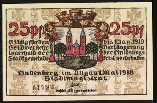 Notgeld Lindenberg im Allgäu 1918, 25 Pfennig, Kriegsnotgeld der Kgl. Bayr. Stadt, gültig bis 1919, Stadtwappen