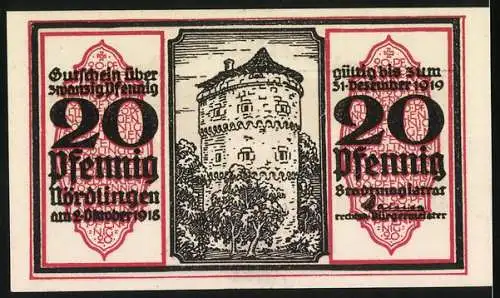 Notgeld Nördlingen 1918, 20 Pfennig, Adler und Turm mit Gültigkeit bis 31. Dezember 1919