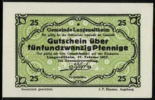 Notgeld Langenaltheim, 1917, fünfundzwanzig Pfennige, grün mit Gemeinde- und Herstellersignatur