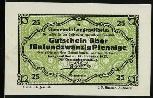 Notgeld Langenaltheim, 1917, 25 Pfennig, grün mit Gemeindesiegel auf der Rückseite
