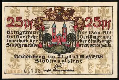 Notgeld Lindenberg im Allgäu 1918, 25 Pfennig, Stadtwappen und Soldatenillustrationen