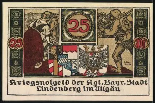 Notgeld Lindenberg im Allgäu 1918, 25 Pfennig, Stadtwappen und Soldatenillustrationen