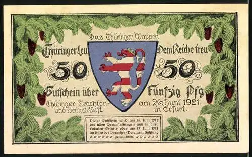 Notgeld Erfurt 1921, 50 Pf, Trachtenbild mit Spinnerin und Thüringer Wappen