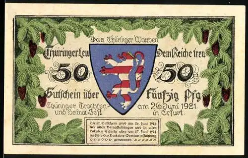Notgeld Erfurt 1921, 50 Pfennig, Thüringer Wappen, Dame in Tracht