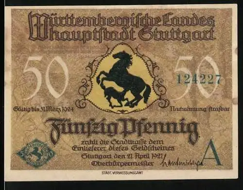 Notgeld Stuttgart 1921, 50 Pfennig, Württembergische Landes-Hauptstadt und Altes Schloss mit Stiftskirche