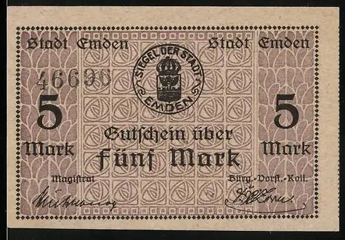 Notgeld Emden, 1918, 5 Mark, Gutschein über fünf Mark mit Stadtwappen und Gültigkeitsdatum bis 1919