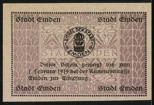 Notgeld Emden, 1918, 5 Mark, Gutschein über fünf Mark mit Stadtwappen und Gültigkeitsdatum bis 1919