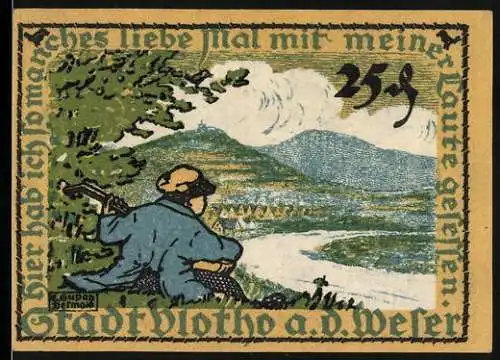 Notgeld Vlotho a.d. Weser, 1921, 25 Pfennig, Mann mit Laute im Grünen vor Flusslandschaft