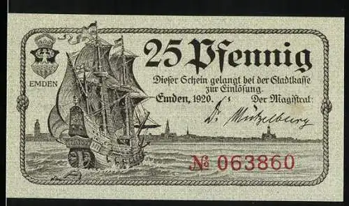 Notgeld Emden 1920, 25 Pfennig, Segelschiff und altes Hafentor Motiv
