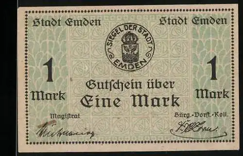 Notgeld Emden, 1919, 1 Mark, grün mit Stadtwappen und Gültigkeitsdatum 1. Februar 1919