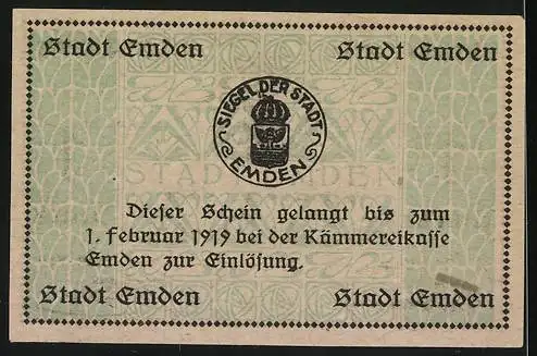 Notgeld Emden, 1919, 1 Mark, grün mit Stadtwappen und Gültigkeitsdatum 1. Februar 1919