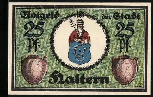 Notgeld Haltern 1921, 25 Pf, Vorderseite Wappen mit Person und zwei Krügen, Rückseite Stadtmauer mit Text