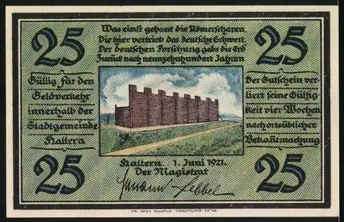 Notgeld Haltern 1921, 25 Pf, Vorderseite Wappen mit Person und zwei Krügen, Rückseite Stadtmauer mit Text