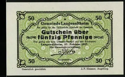 Notgeld Langenaltheim, 1917, 50 Pfennig, Gutschein über fünfzig Pfennige, grün mit schwarzem Text, Gemeindesiegel