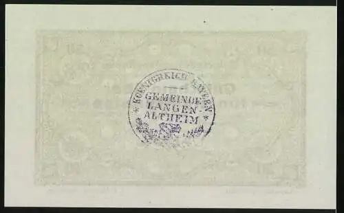 Notgeld Langenaltheim, 1917, 50 Pfennig, Gutschein über fünfzig Pfennige, grün mit schwarzem Text, Gemeindesiegel