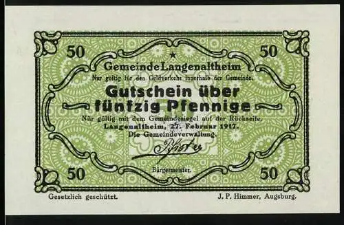 Notgeld Langenaltheim, 1917, 50 Pfennig, Gutschein über fünfzig Pfennige mit Gemeindesiegel auf Rückseite