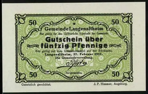 Notgeld Langenaltheim, 1917, 50 Pfennig, Gesetzlich geschützt, J.P. Himmer, Augsburg