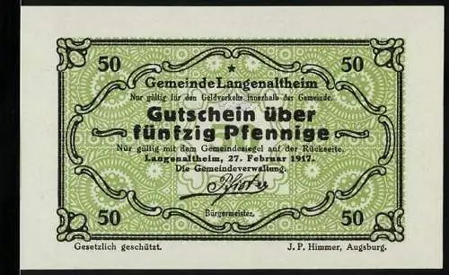 Notgeld Langenaltheim, 1917, 50 Pfennig, Gutschein über fünfzig Pfennige, Gesetzlich geschützt