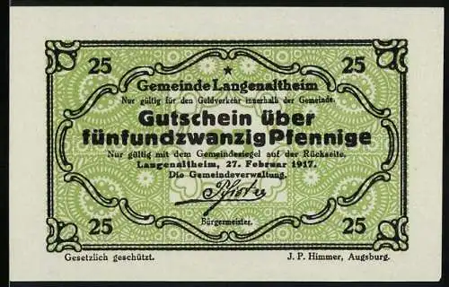 Notgeld Langenaltheim, 1917, 25 Pfennig, Gutschein der Gemeinde Langenzenn vom 27. Februar 1917, mit Gemeindesiegel