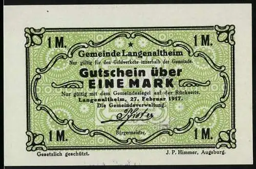 Notgeld Langenaltheim, 1917, 1 Mark, grün mit Gemeinde- und Siegelsignatur