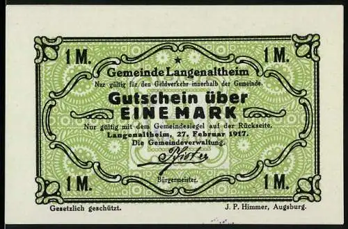 Notgeld Langenaltheim, 1917, 1 Mark, grün, Gemeinde Langenaltheim Gutschein über eine Mark, Gemeindesiegel Rückseite