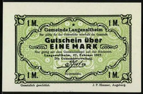 Notgeld Langenaltheim, 1917, 1 Mark, grün mit Gemeindesiegel auf der Rückseite