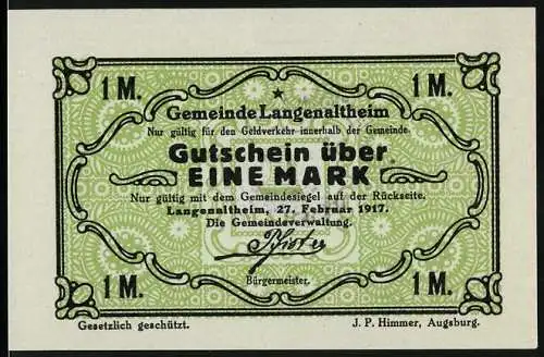 Notgeld Langenaltheim, 1917, 1 Mark, grün mit Gemeindesiegel auf Rückseite