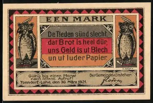 Notgeld Tonndorf-Lohe 1921, 1 Mark, Eulen und Spruch De Tieden sünd slecht