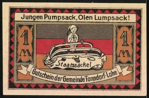 Notgeld Tonndorf-Lohe 1921, 1 Mark, Eulen und Spruch De Tieden sünd slecht