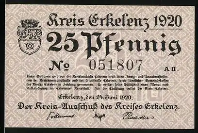 Notgeld Erkelenz 1920, 25 Pfennig, Nr. 051807, Burgturm-Motiv, beige Hintergrundmuster