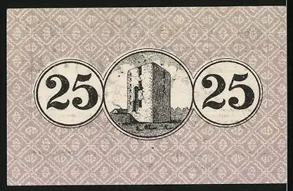 Notgeld Erkelenz 1920, 25 Pfennig, Nr. 051807, Burgturm-Motiv, beige Hintergrundmuster