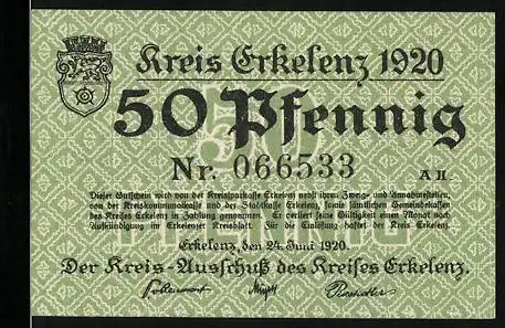 Notgeld Erkelenz 1920, 50 Pfennig, grüne Note mit Wappen und Gebäudeabbildung