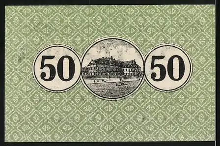 Notgeld Erkelenz 1920, 50 Pfennig, grüne Note mit Wappen und Gebäudeabbildung