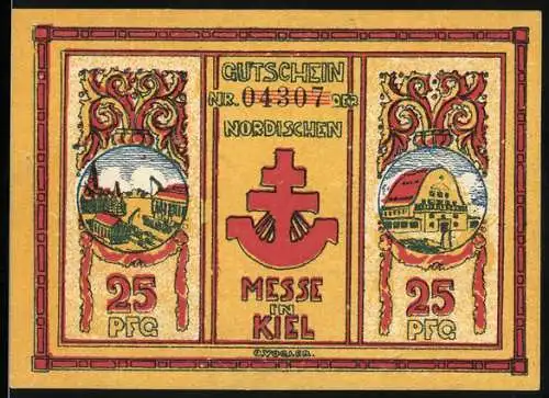 Notgeld Kiel, 1921, 25 Pfennig, Nordische Messe mit Stadtansichten und Schiffsrad
