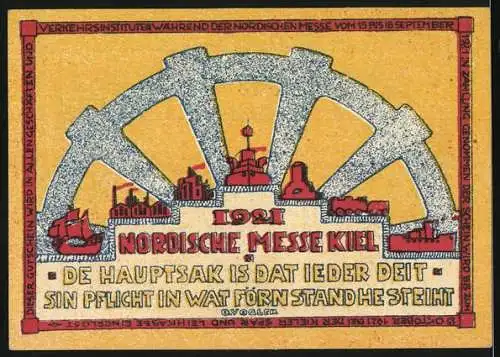 Notgeld Kiel, 1921, 25 Pfennig, Nordische Messe mit Stadtansichten und Schiffsrad