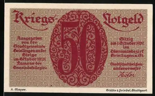 Notgeld Geislingen an der Steige 1918, 50 Pfennig, Kriegsnotgeld mit Stadtwappen und Figurenpaar