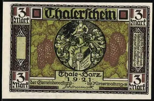 Notgeld Thale - Harz 1921, 3 Mark, Thalerschein mit Harzmotiv und Eichenmann, gedruckt von Appelhans Braunschweig