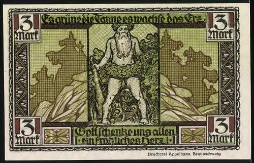 Notgeld Thale - Harz 1921, 3 Mark, Thalerschein mit Harzmotiv und Eichenmann, gedruckt von Appelhans Braunschweig