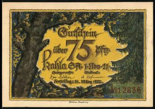 Notgeld Kahla 1920, 75 Pfennig, Landschaft mit Stadtansicht und Signaturen