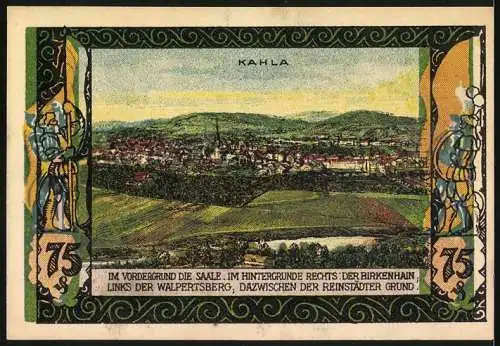 Notgeld Kahla 1920, 75 Pfennig, Landschaft mit Stadtansicht und Signaturen