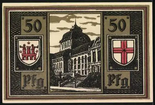 Notgeld Freiburg 1921, 50 Pfennig, Stadtkasse, Gebäude und Wappenabbildungen