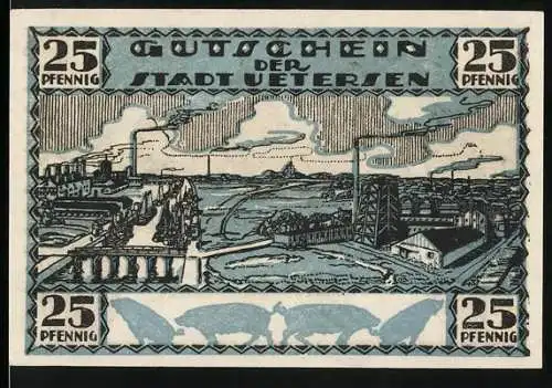 Notgeld Uetersen, 25 Pfennig, Industrie- und Stadtansicht mit Kirche und Wappen