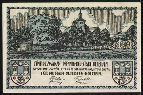 Notgeld Uetersen, 25 Pfennig, Industrie- und Stadtansicht mit Kirche und Wappen