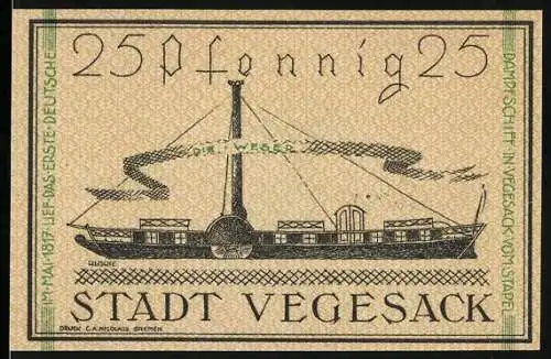 Notgeld Vegesack, 1921, 25 Pfennig, Dampfschiff und Stadtwappen