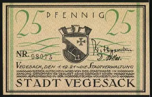 Notgeld Vegesack, 1921, 25 Pfennig, Dampfschiff und Stadtwappen