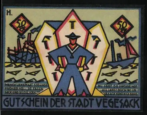 Notgeld Vegesack, 1921, 50 Pfennig, Matrose mit Schiffen und Werkzeugen auf Rückseite