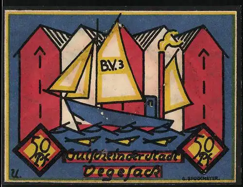 Notgeld Vegesack, 1921, 50 Pf, Segelboot vor Speichern und Fabrik mit Schornstein